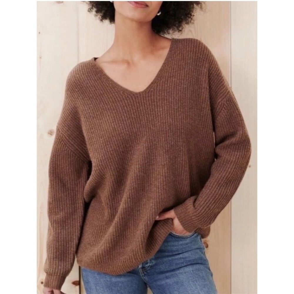 Jenni Kayne Cozy V-Neck Oversized Nutmeg Brown Knit Cabin Sweater Size XL Luxury